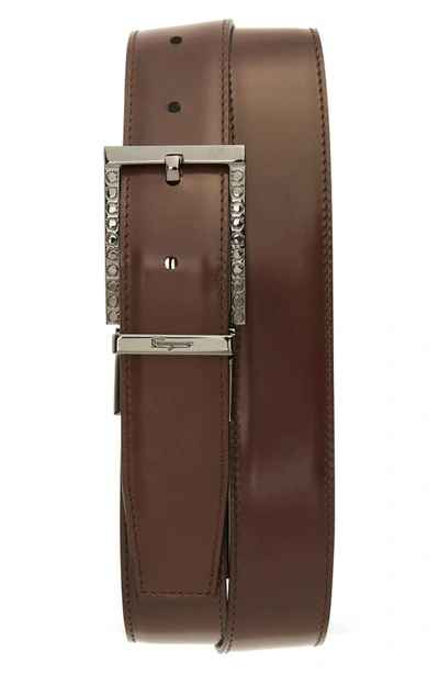 Ferragamo Gancio Engraved Buckle Reversible Leather Belt In Tamarindo Nero
