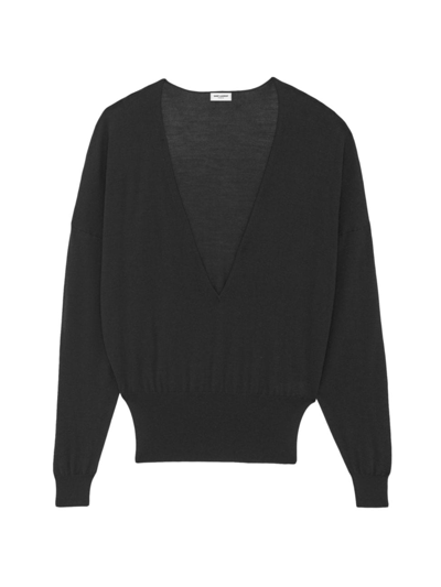 Saint Laurent Women's V-neck Sweater In Cashmere, Wool And Silk In Noir