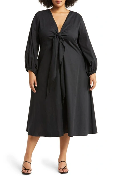 Harshman Plus Size Novella Plunging Tie-front Midi Dress In Black