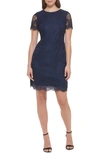 Kensie Scalloped Short Sleeve Lace Dress In Navy