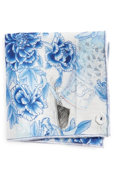 Clifton Wilson Print Linen Pocket Square In Blue