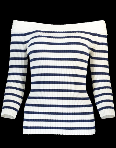 Fuzzi Off Shoulder Striped Sweater In Wht-nvy