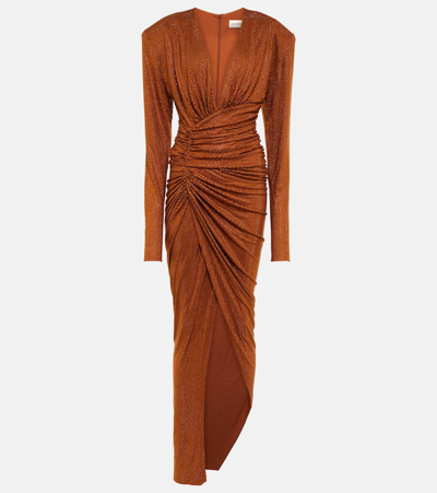 Alexandre Vauthier Padded-shoulder Ruched Crystal-embellished Gown In 褐色