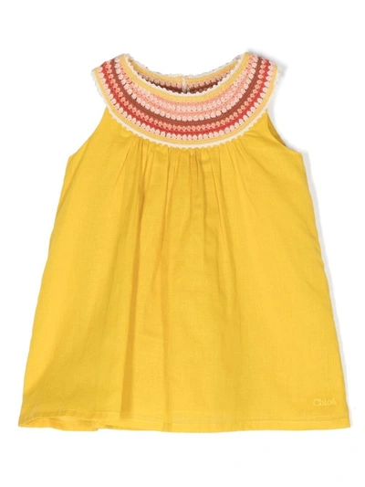 Chloé Babies' Collar-neck Flared Dress In Yellow
