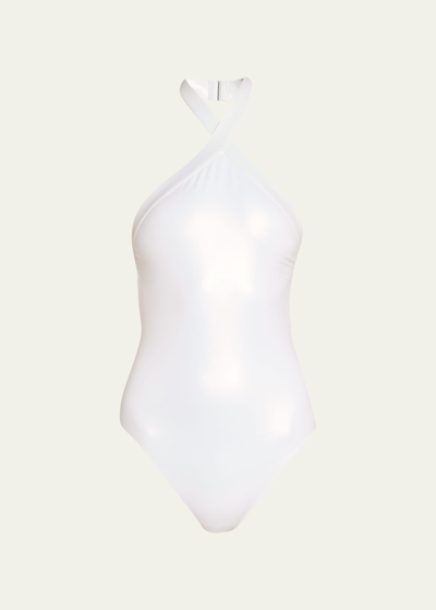 Alaïa Halter One-piece Swimsuit In Blanc Irise