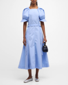3.1 Phillip Lim Belted Puff-sleeve A-line Midi Dress In Oxford Blue