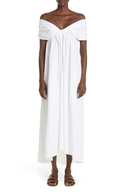 Adam Lippes Cotton Poplin Bardot Twist Midi Dress In White
