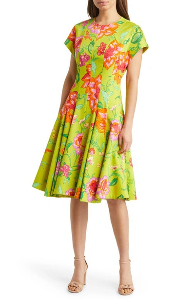 Natori Junko Multi-seamed Floral-print Midi Dress In Chartreuse