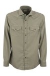 Brunello Cucinelli Garment-dyed Easy-fit Twill Shirt With Press Studs, Epaulettes And Pockets In Sage