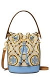 Tory Burch Mini T Monogram Embossed Contrast Bucket Bag In New Ivory / Dauphin Blue