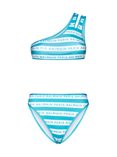 Balmain Women's New Iconic Stripes Logo Bikini Set In Turquoise,white