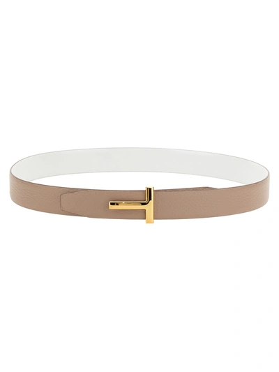 Tom Ford Reversible T Line Belt In Silk Taupe White