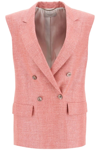 Agnona Double Breasted Vest In Silk, Linen And Wool In Pink