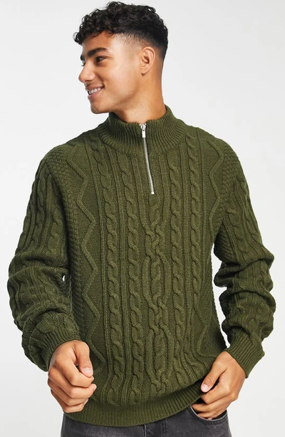 Asos Design Heavyweight Cable Knit Half Zip Sweater In Khaki-green