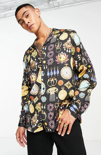 Asos Design Relaxed Revere Satin Shirt In Jewel Print-multi