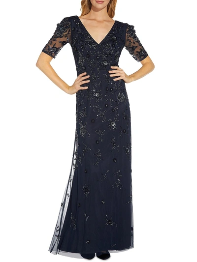 Adrianna Papell Womens Emellished Surplice Evening Dress In Blue