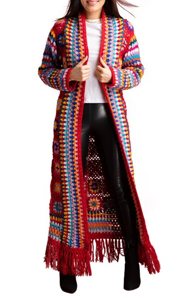 Saachi Crochet Patchwork Fringe Kimono In Red