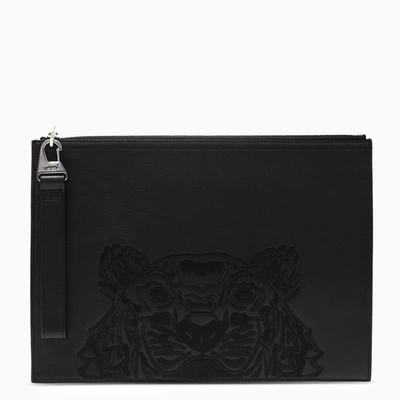 Kenzo Black Leather Document Case With Tiger Embroidery