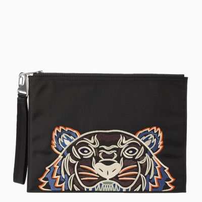 Kenzo Black Nylon Pouch With Tiger Embroidery