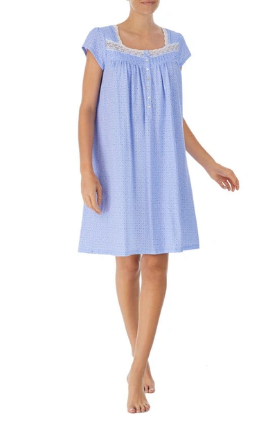 Eileen West Floral Print Cap Sleeve Cotton Jersey Short Nightgown In Blue Grid