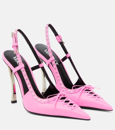 Versace 绑带式皮革露跟高跟鞋 In Pink