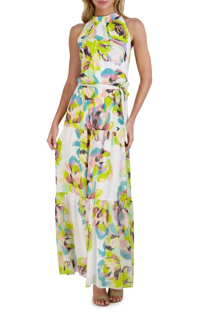 Julia Jordan Mock-neck Tiered Printed Chiffon Maxi Dress In Ivory Multi