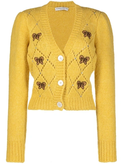 Alessandra Rich Butterfly-embroidered Pointelle Cardigan In Yellow