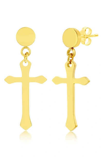 Blackjack Mens Stainless Steel Polished Cross Earrings - Gold Plated