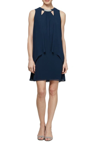 Sl Fashions Embellished Chiffon Shift Dress In Navy