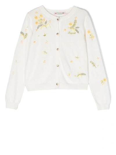 Bonpoint Kids' Floral-embroidered Cardigan In Ivory