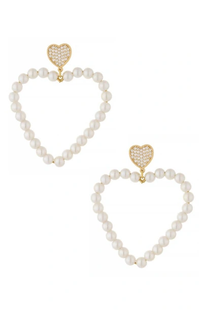 Ettika Big Heart Imitation Pearl Drop Earrings In Gold