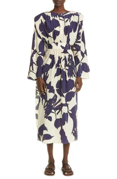 Johanna Ortiz Ancient Tropics Convertible Cape-effect Printed Silk Crepe De Chine Midi Dress In Kimono Ecru/ Navy