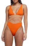River Island Plunge Wrap Detail Swimsuit In Orange