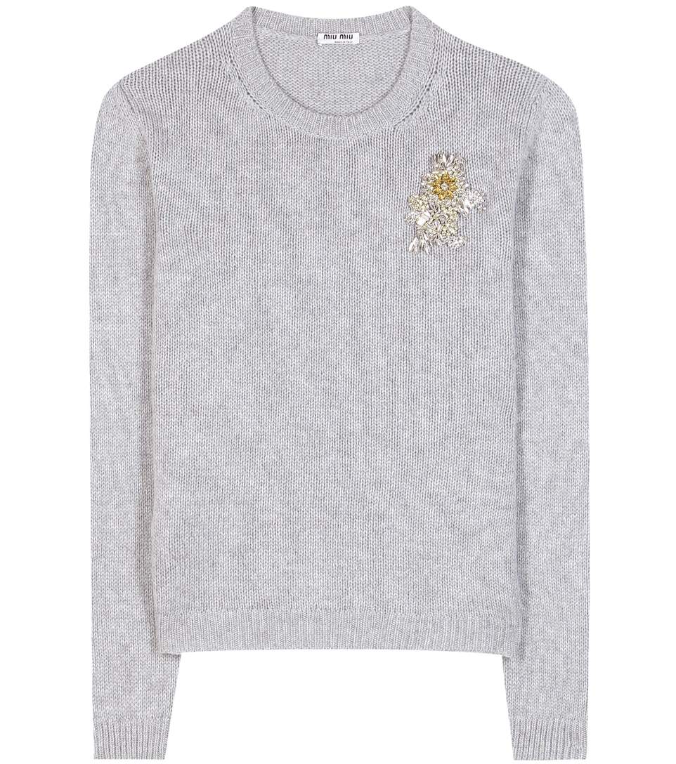 Miu Miu Crystal-embellished Cashmere Sweater In Grigio | ModeSens