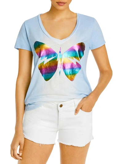 Lauren Moshi Womens Metallic V-neck Graphic T-shirt In Blue