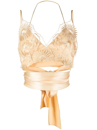 Alberta Ferretti Embroidered Silk Crop Top In Beige