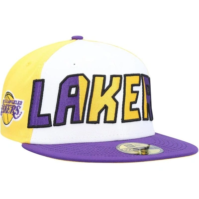 New Era Men's  White, Purple Los Angeles Lakers Back Half 9fifty Fitted Hat In White,purple