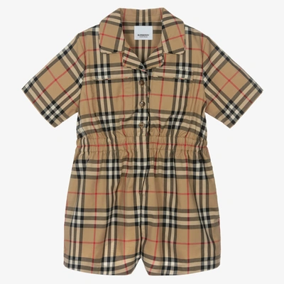 Burberry Kids' Girls Beige Check Cotton Playsuit