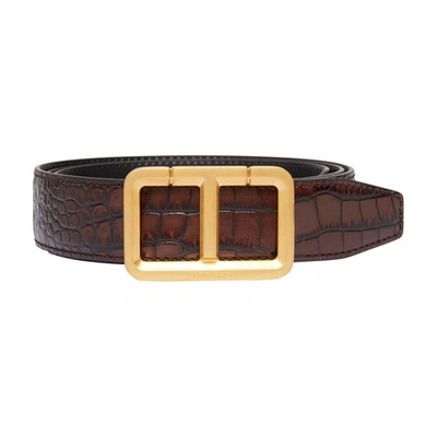 Tom Ford Men's Alligator-print Leather T-buckle Belt In Tobacco