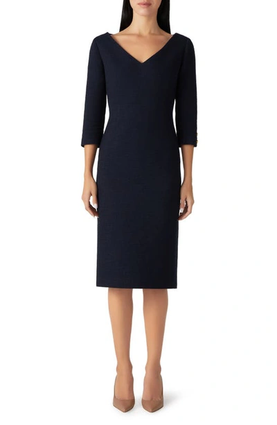 St John V-neck 3/4 Sleeve Mouline Tweed Midi Dress In Black