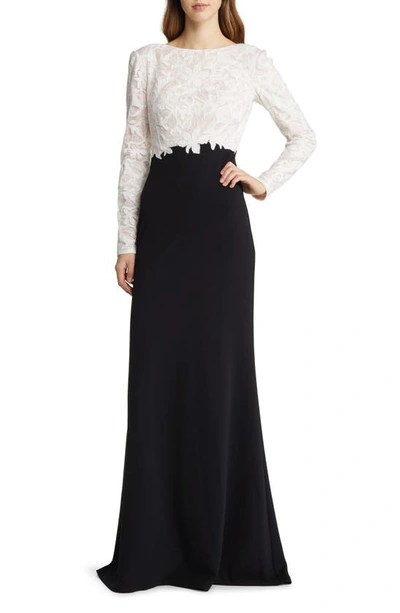 Tadashi Shoji Two-tone A-line Lace Crepe Gown In Ivory Black