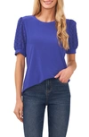 Cece Puff Sleeve Mixed Media Top In Mineral Blue