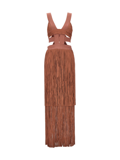 Herve Leger Fringe Banded Cutout Long Dress In Terracotta