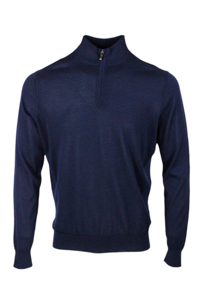 Colombo Light Half-zip Long-sleeved Sweater In Fine 100% Cashmere And Silk With Special Processing On The Pr In Blue