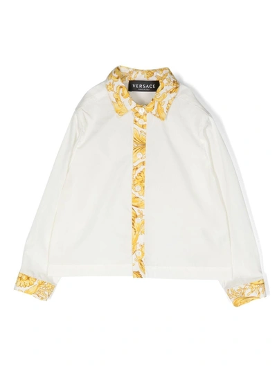 Versace Babies' Barocco-trim Long-sleeve Shirt In Bianco