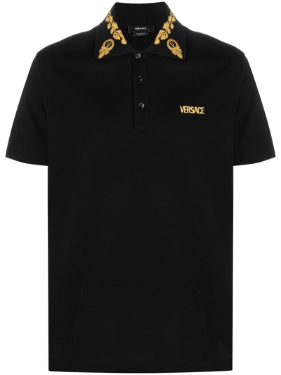 Versace Embroidered-logo Polo Shirt In Black