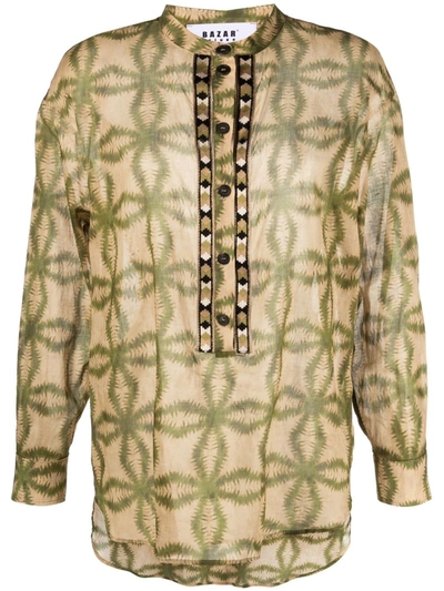 Bazar Deluxe Embroidered-placket Detail Blouse In Camel/military Green