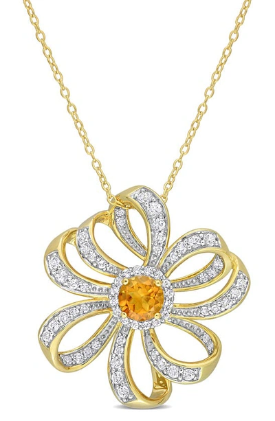 Delmar 10k Yellow Gold Plated Sterling Silver Madeira Citrine White Topaz Flower Pendant Necklace