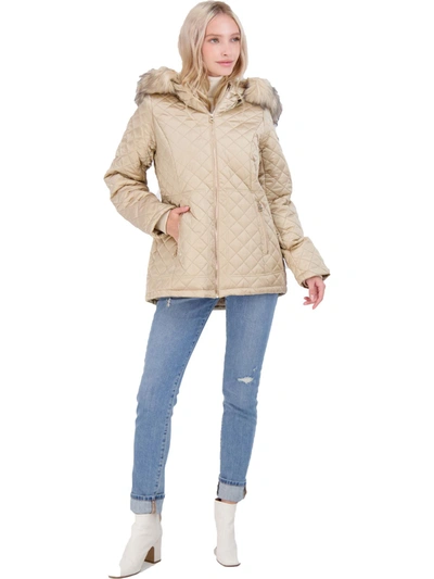 Jessica Simpson Womens Faux Fur Water Resistant Quilted Coat In Beige