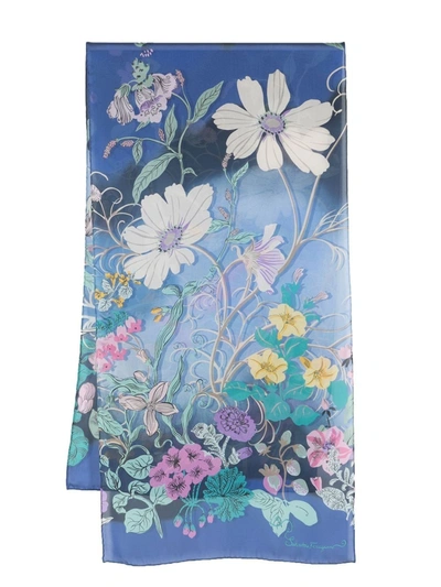 Ferragamo Floral-print Silk Scarf In Clear Blue